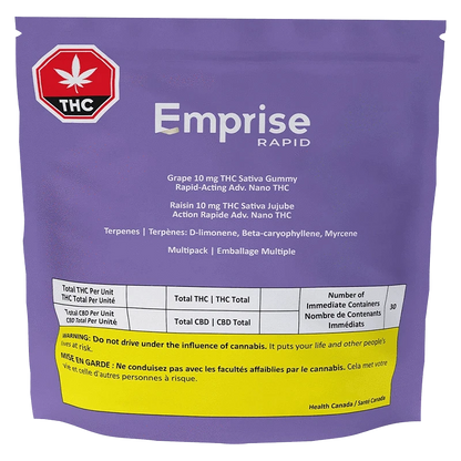 Front-facing shot of a purple pouch labeled Emprise Rapid Grape THC Gummies with a red THC warning symbol and a yellow caution panel near the bottom.