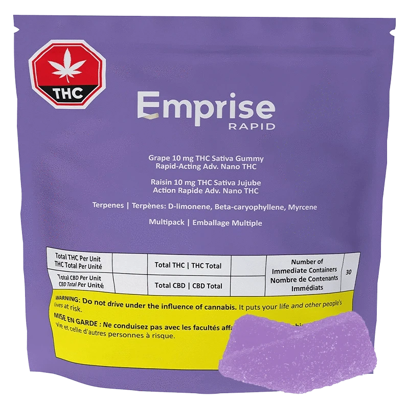 Front-facing shot of a purple pouch labeled Emprise Rapid Grape THC Gummies with a red THC octagon and a yellow warning panel.