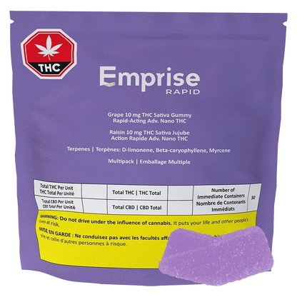 Front-facing shot of a purple pouch labeled Emprise Rapid Grape THC Gummies with a red THC octagon and a yellow warning panel.