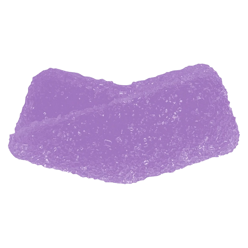 Close-up of a single purple, sugar-coated Grape THC Gummies showing its crescent shape and crystalline texture.