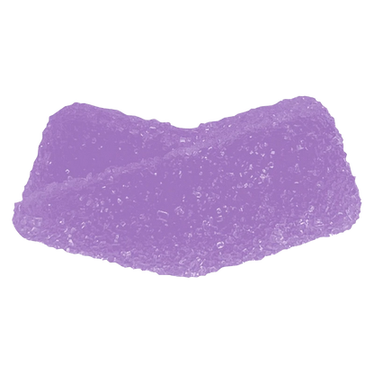 Close-up of a single purple, sugar-coated Grape THC Gummies showing its crescent shape and crystalline texture.