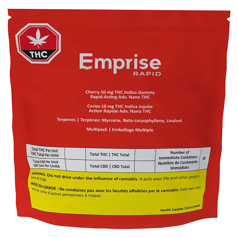 Front view of a red pouch labeled Emprise Rapid Cherry THC Gummies with white text, warning band and THC symbol at top left.