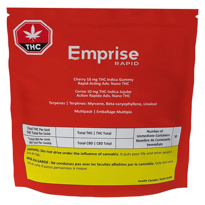 Front view of a red pouch labeled Emprise Rapid Cherry THC Gummies with white text, warning band and THC symbol at top left.
