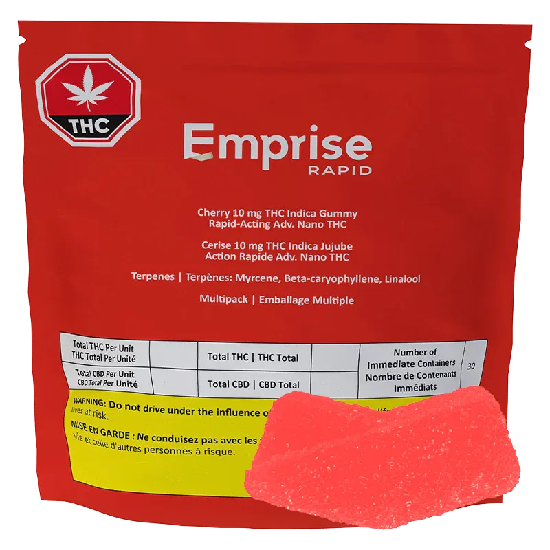 Front-facing red pouch labeled Emprise Rapid Cherry THC Gummies with a single bright red gummy placed in front on a white background.
