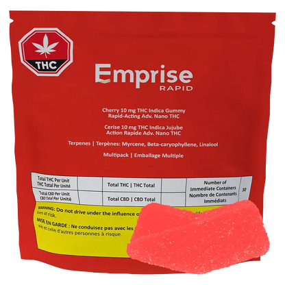 Front-facing red pouch labeled Emprise Rapid Cherry THC Gummies with a single bright red gummy placed in front on a white background.
