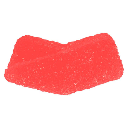 Close-up front view of a single bright red Cherry THC Gummies piece showing its sugar-coated, curved wedge texture against a white background.