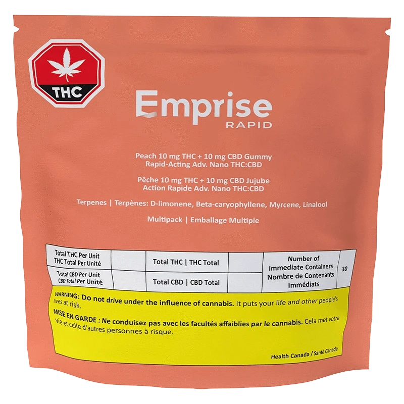 Front-facing shot of the peach-colored pouch labeled Emprise Rapid Peach THC Gummies with white text and a yellow warning panel.