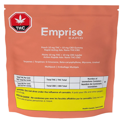 Front-facing shot of the peach-colored pouch labeled Emprise Rapid Peach THC Gummies with white text and a yellow warning panel.