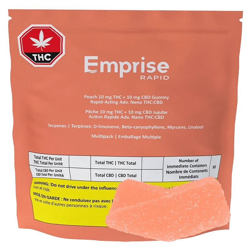 Front-facing shot of an orange pouch labeled Emprise Rapid Peach THC Gummies with a single sugar-coated peach gummy in the foreground.