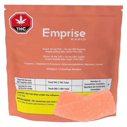 Front-facing shot of an orange pouch labeled Emprise Rapid Peach THC Gummies with a single sugar-coated peach gummy in the foreground.