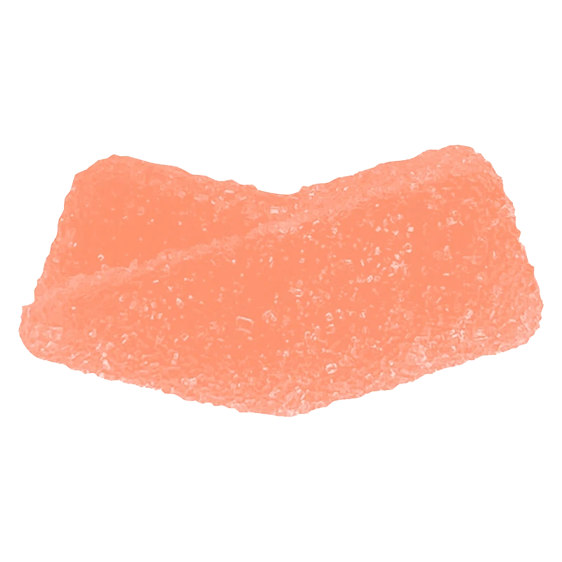Close-up of a single sugar-coated peach gummy, an orange crescent photographed on white, labeled "Peach THC Gummies."
