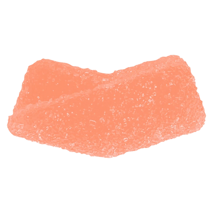 Close-up of a single sugar-coated peach gummy, an orange crescent photographed on white, labeled "Peach THC Gummies."