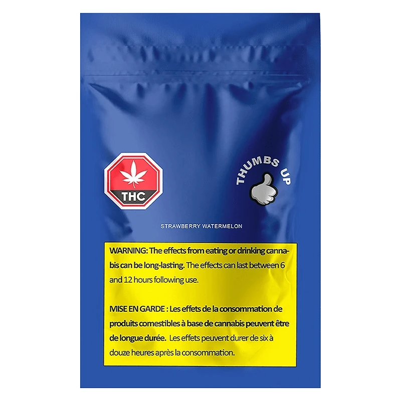 Front-facing shot of the Strawberry Watermelon Gummies pouch showing a blue resealable bag with THC and thumbs-up icons and a yellow warning panel.