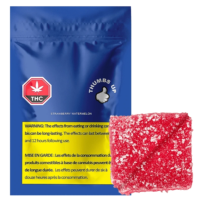 Front-facing blue pouch labeled Strawberry Watermelon Gummies with a close-up of a sugar-coated pink-red gummy in the lower right.