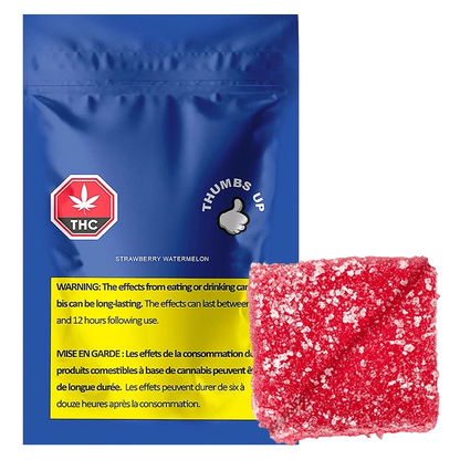 Front-facing blue pouch labeled Strawberry Watermelon Gummies with a close-up of a sugar-coated pink-red gummy in the lower right.