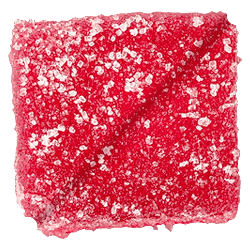 Close-up top view of a sugar-coated red square Strawberry Watermelon Gummies.