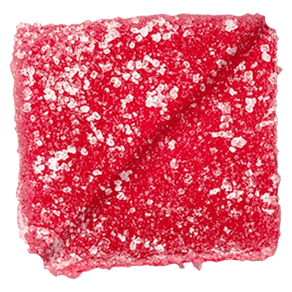 Close-up top view of a sugar-coated red square Strawberry Watermelon Gummies.