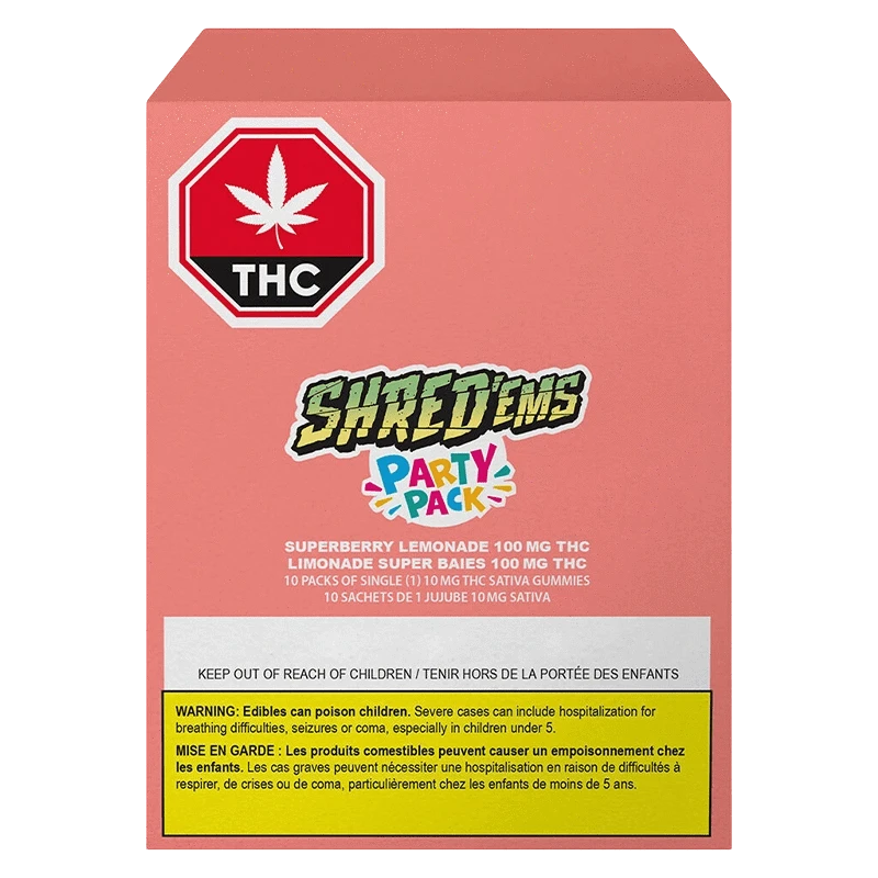 Front-facing pink box labeled "Superberry Lemonade MAX10 Gummies" with a THC stop sign, Shred'ems Party Pack logo, and warning panel.