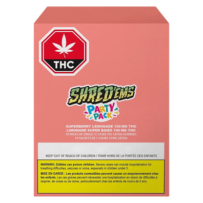 Front-facing pink box labeled "Superberry Lemonade MAX10 Gummies" with a THC stop sign, Shred'ems Party Pack logo, and warning panel.