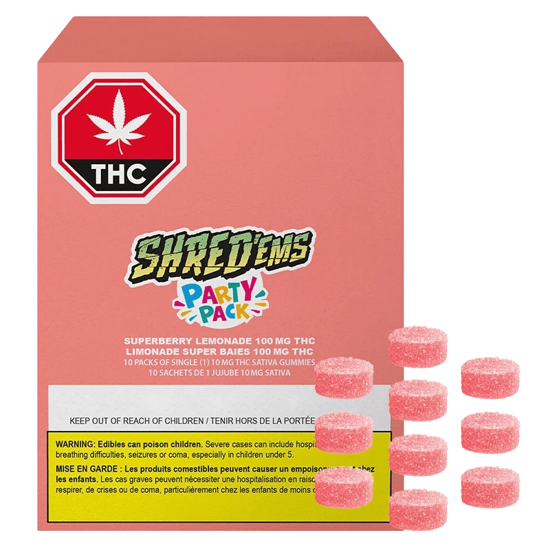 Front view of a coral box labeled "Superberry Lemonade MAX10 Gummies" with a THC symbol at top left and ten pink sugar-coated gummies stacked to the right.