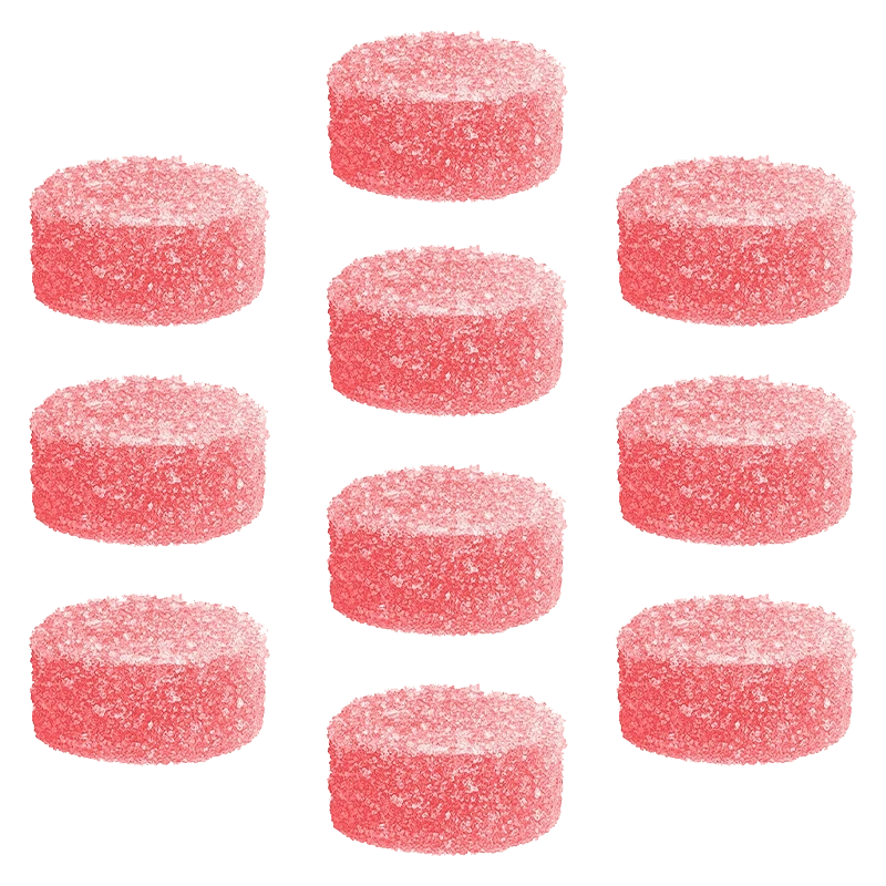 Top-down grid of ten sugar-coated pink discs labeled Superberry Lemonade MAX10 Gummies, each shown with granular sugar texture and soft lighting
