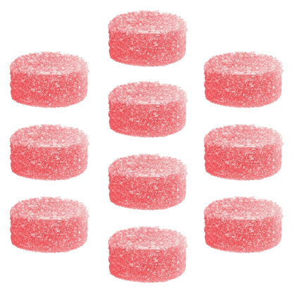 Top-down grid of ten sugar-coated pink discs labeled Superberry Lemonade MAX10 Gummies, each shown with granular sugar texture and soft lighting