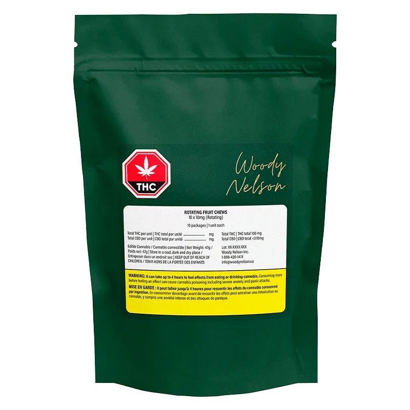 Front-facing pouch of [Rotating] Fruit Chews Gummies in deep green packaging with a THC symbol and a white product label.