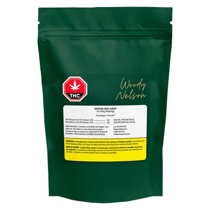 Front-facing pouch of [Rotating] Fruit Chews Gummies in deep green packaging with a THC symbol and a white product label.