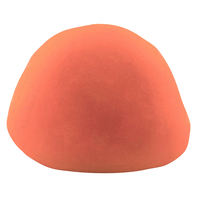 Front-facing close-up of a single soft orange [Rotating] Fruit Chews Gummies dome against a transparent background.