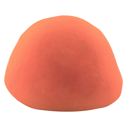 Front-facing close-up of a single soft orange [Rotating] Fruit Chews Gummies dome against a transparent background.