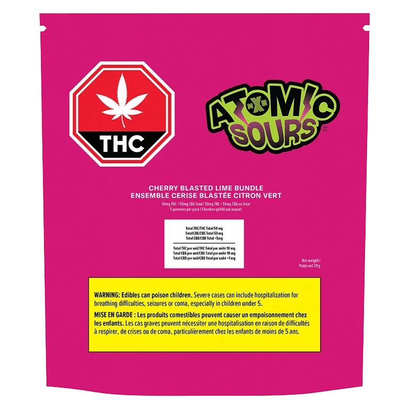 Rear view of the bright magenta package labeled "Atomic Sours Cherry Blasted Lime Bundle Gummies" with a white THC stop sign symbol and a yellow warning box.