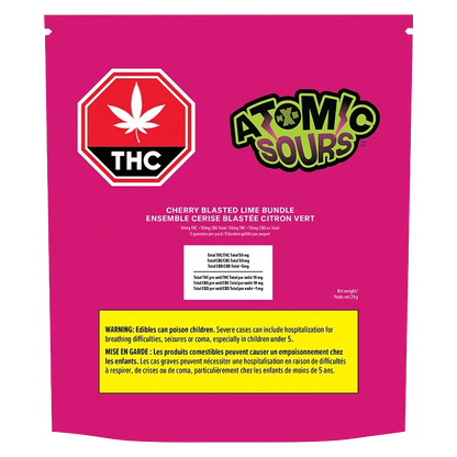 Rear view of the bright magenta package labeled "Atomic Sours Cherry Blasted Lime Bundle Gummies" with a white THC stop sign symbol and a yellow warning box.