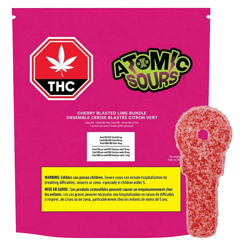 Front-facing bright magenta package labeled "Cherry Blasted Lime Bundle Gummies" with an Atomic Sours logo, THC stop sign, and a red sugar-coated key-shaped gummy alongside.