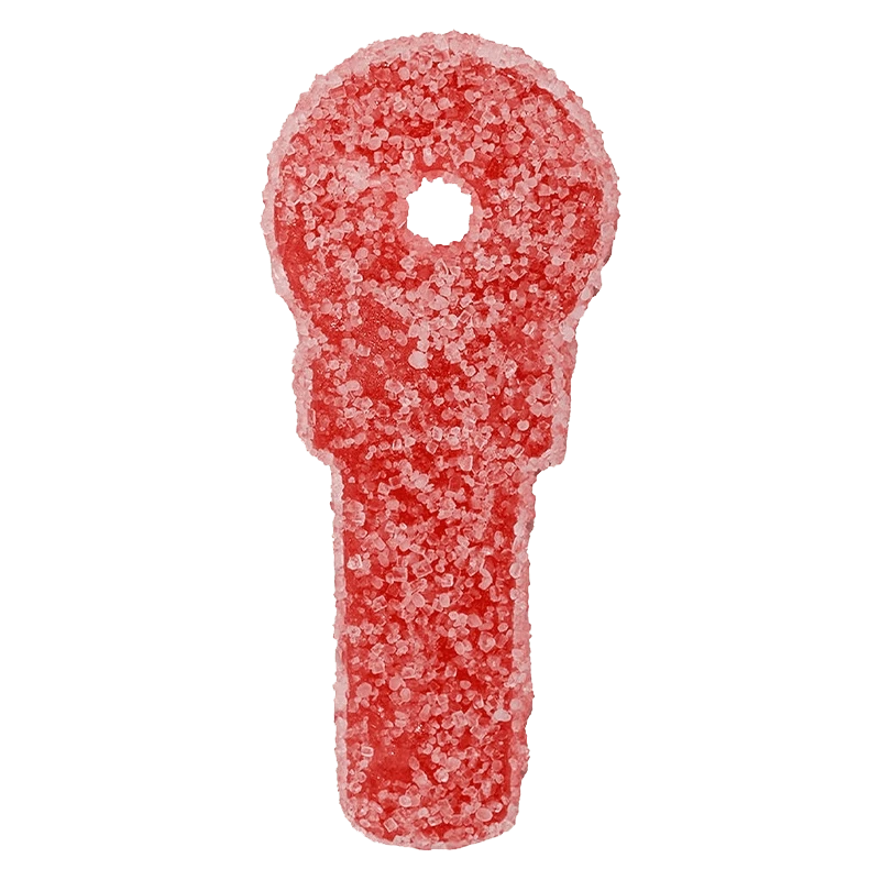 Top-down view of a single sugar-coated red Cherry Blasted Lime Bundle Gummies piece shaped like a key with a circular hole at the top.