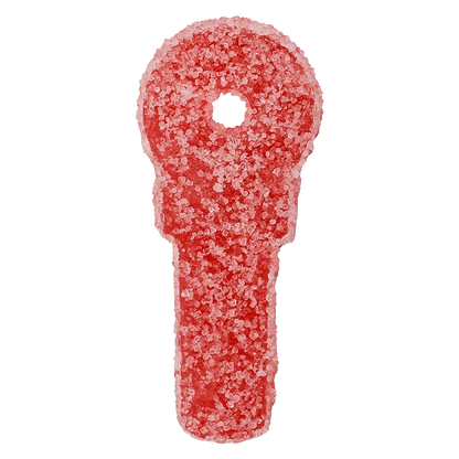 Top-down view of a single sugar-coated red Cherry Blasted Lime Bundle Gummies piece shaped like a key with a circular hole at the top.