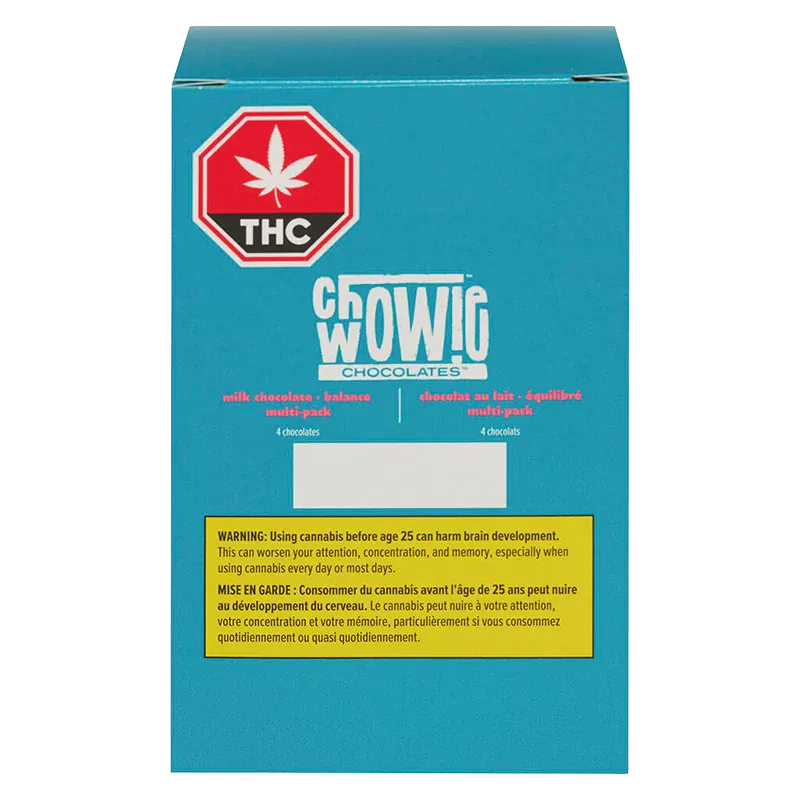 Front-facing image of the turquoise box labeled Chowie Wowie Chocolates Balanced Milk Chocolate with a red THC stop sign and a yellow warning panel.