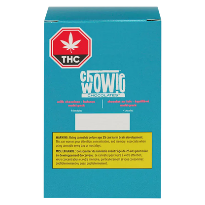 Front-facing image of the turquoise box labeled Chowie Wowie Chocolates Balanced Milk Chocolate with a red THC stop sign and a yellow warning panel.