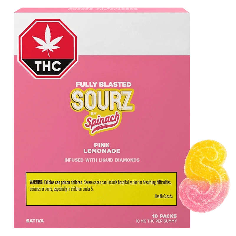 Front-facing box shot of Fully Blasted Pink Lemonade Gummies 10 Pack with a pink background, THC label and two sugar-coated pink and yellow gummies at the lower right.