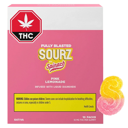 Front-facing box shot of Fully Blasted Pink Lemonade Gummies 10 Pack with a pink background, THC label and two sugar-coated pink and yellow gummies at the lower right.