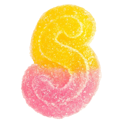 Close-up of a sugar-coated, two-tone pink and yellow gummy in an S-shape labeled Fully Blasted Pink Lemonade Gummies.