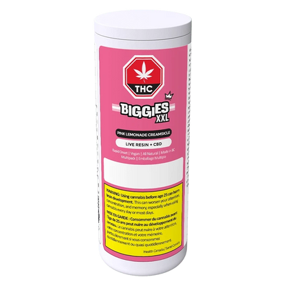 Front-facing view of the Pink Lemonade Creamsicle Live Resin THC:CBD Gummies cylindrical pink Biggies XXL container with white cap and warning label.