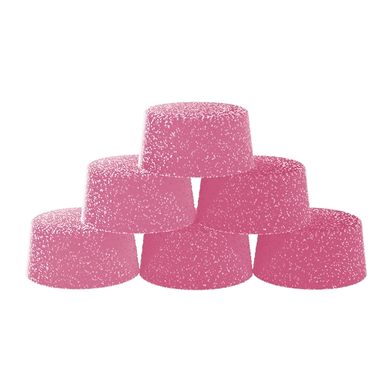 Stacked front view of six pink, sugar-coated Pink Lemonade Creamsicle Live Resin THC:CBD Gummies arranged like small rounded domes.