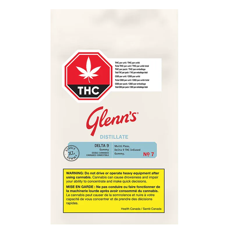 Centered front view of a beige package labeled No.7 Distillate Delta 9-Cotton Candy with the Glenn's logo, THC stop-sign badge, and a yellow warning box at the bottom