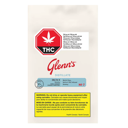 Centered front view of a beige package labeled No.7 Distillate Delta 9-Cotton Candy with the Glenn's logo, THC stop-sign badge, and a yellow warning box at the bottom