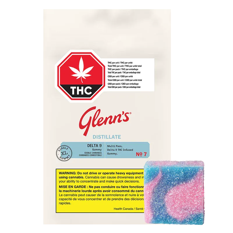 Front view of the packaging and square cotton-candy colored gummy showing Glenn's No.7 Distillate Delta 9-Cotton Candy.