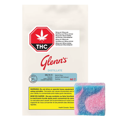 Front view of the packaging and square cotton-candy colored gummy showing Glenn's No.7 Distillate Delta 9-Cotton Candy.