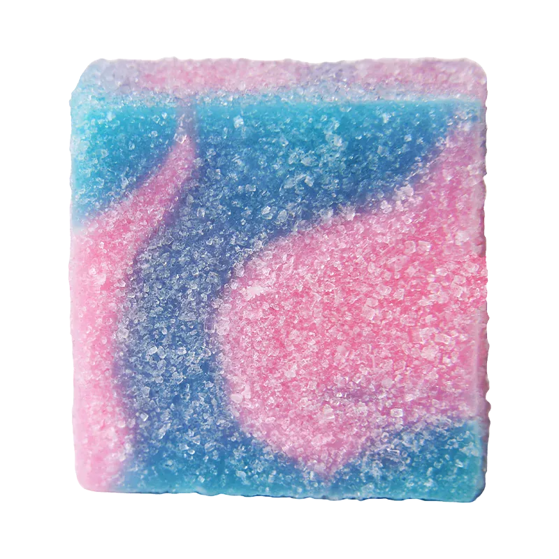 Top-down close-up of a sugar-coated square gummy showing swirls of pink and blue, labeled No.7 Distillate Delta 9-Cotton Candy.