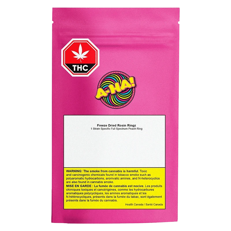 Front-facing pouch shot of the bright pink A-HA! Freeze Dried Rosin Rings Gummies package with THC symbol and a white label.