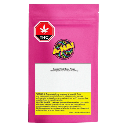 Front-facing pouch shot of the bright pink A-HA! Freeze Dried Rosin Rings Gummies package with THC symbol and a white label.