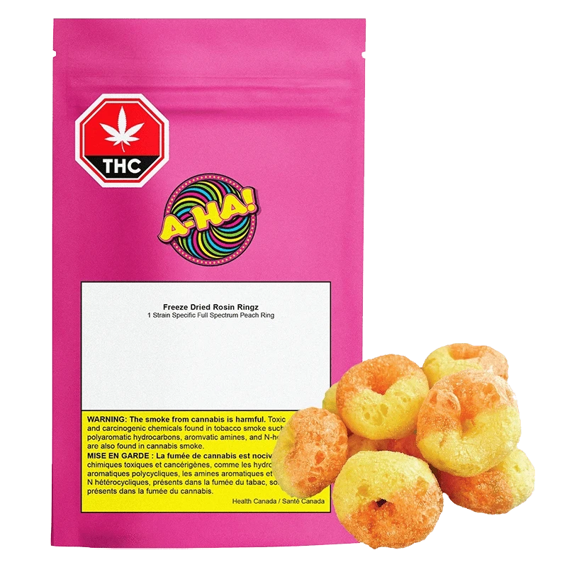 Front-facing pink pouch labeled "Freeze Dried Rosin Rings Gummies" with a colorful A-HA! logo at top left and a small pile of sugar-coated peach ring gummies at the lower right